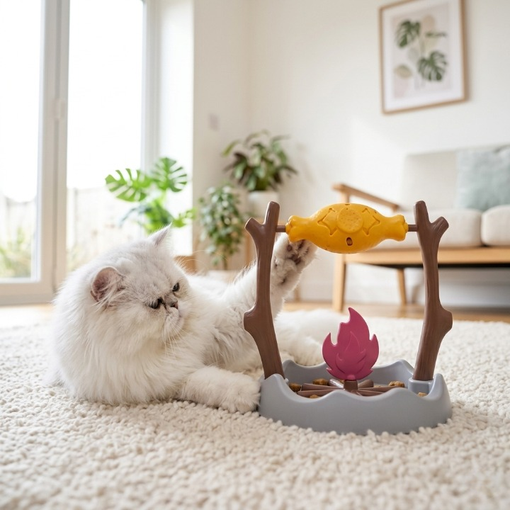 chat blanc allongé jouant avec le jouet interactif pour chat
