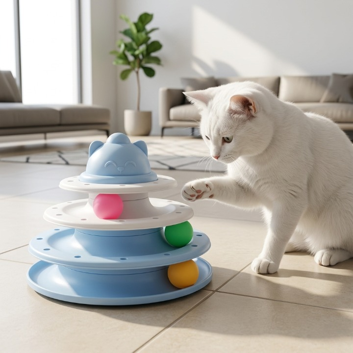 chat blanc jouant avec la tour bleue jouets pour chats