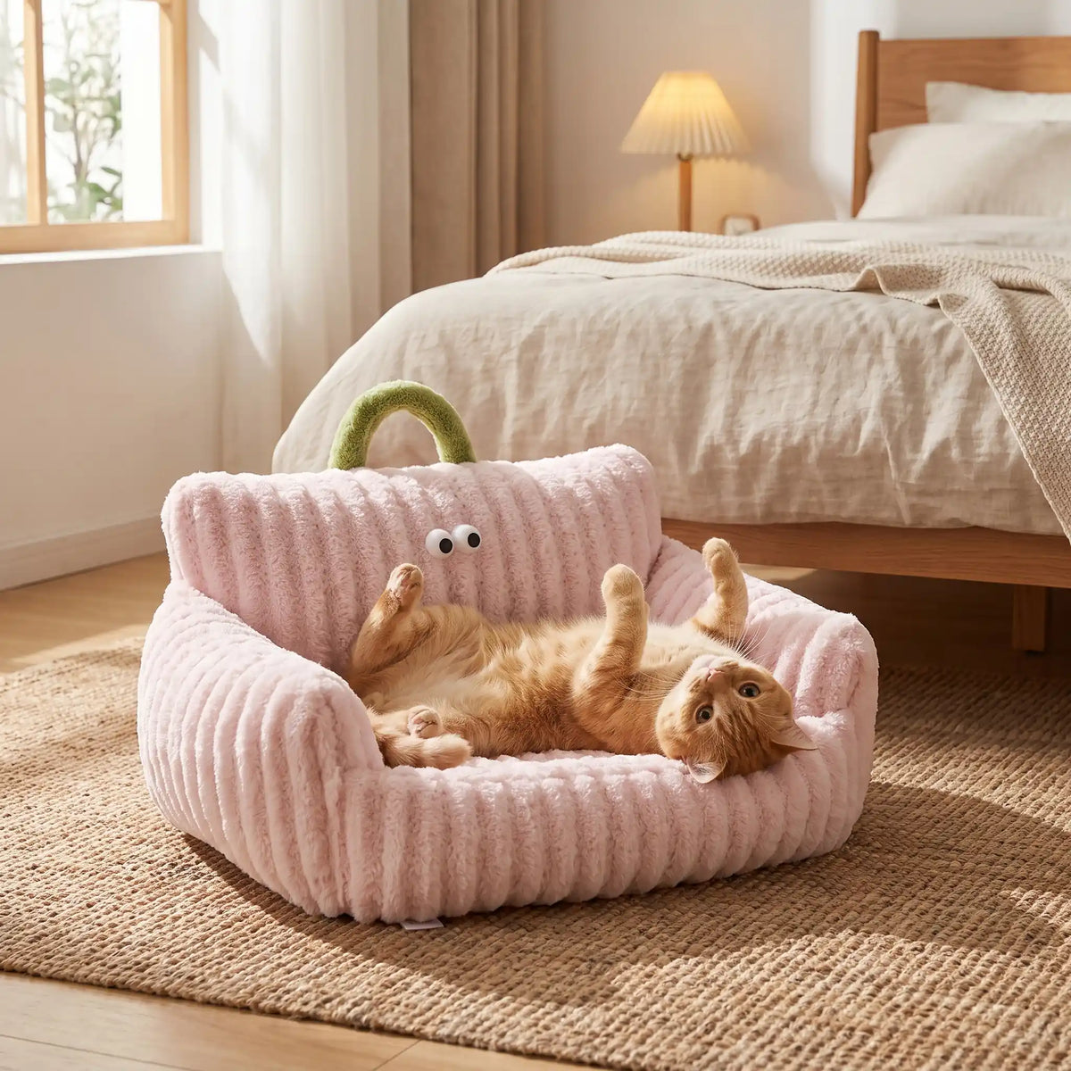 Panier pour chat avec chat roux joueur allongé