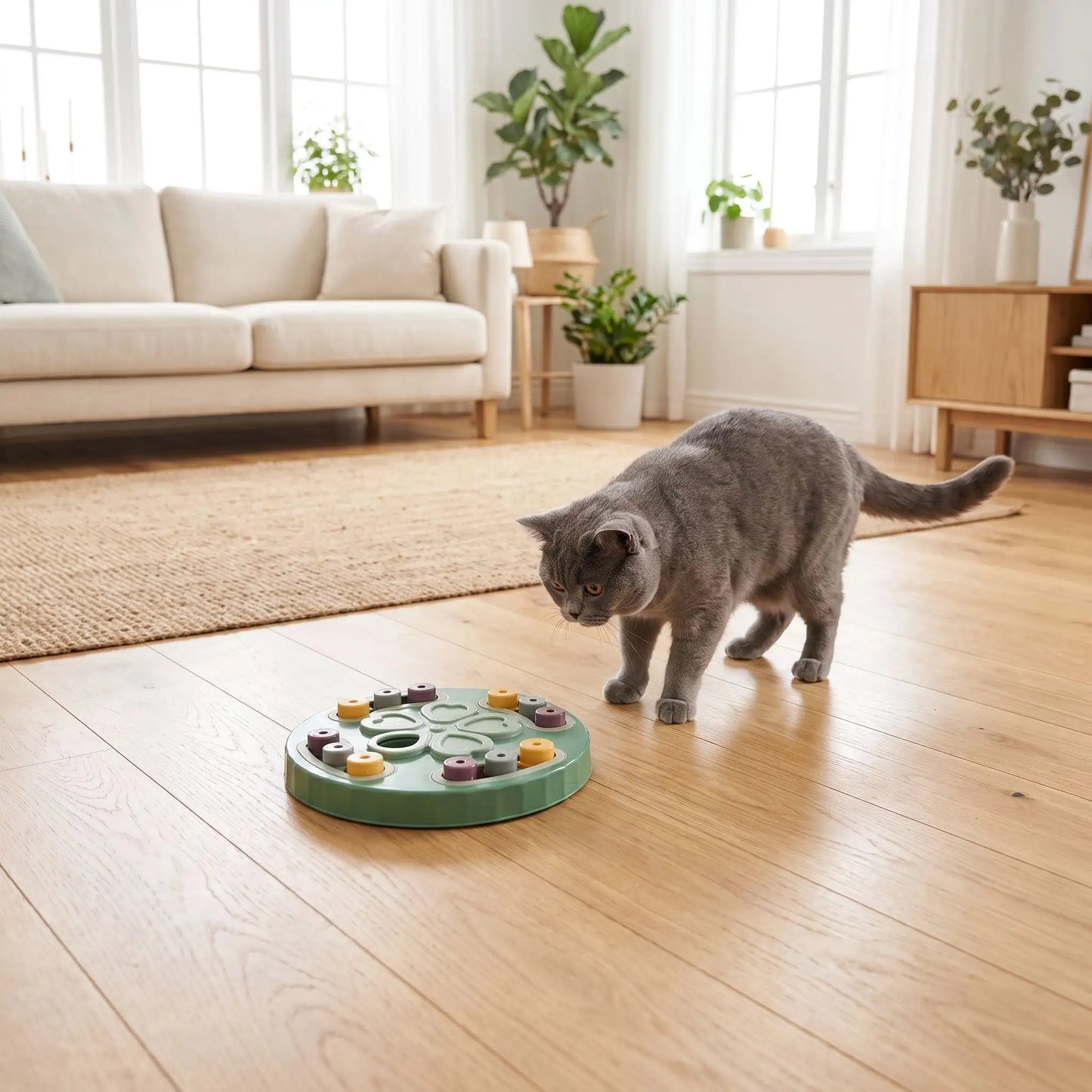 Jouet pour chat interactif avec chat gris attentif