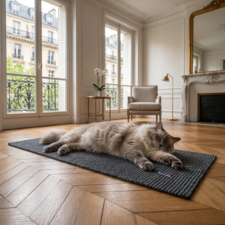 chat allongé sur tapis griffoir pour chat 