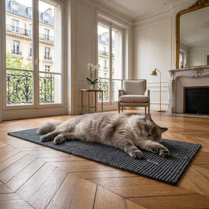chat allongé sur tapis griffoir pour chat 