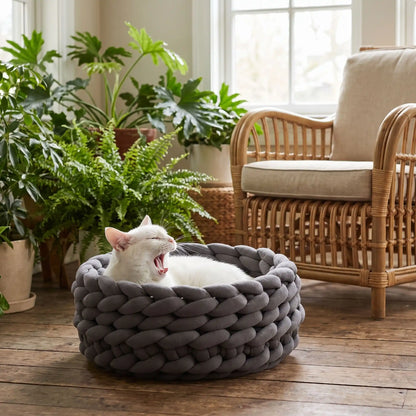 Panier chat gris foncé avec chat blanc qui bâille