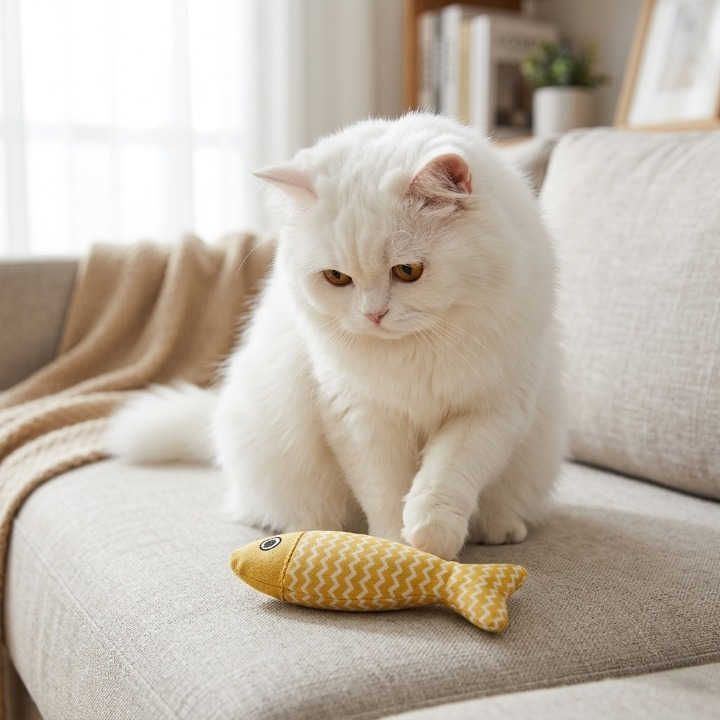 chat blanc curieux devant ses jouets pour chat
