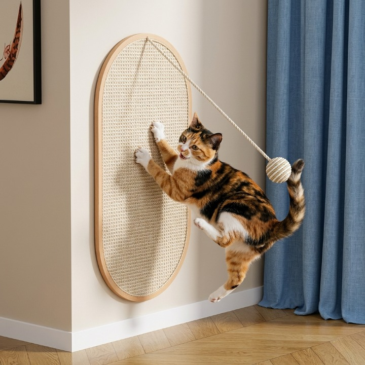 chat calico en action sur un griffoir à chat avec rideau bleu