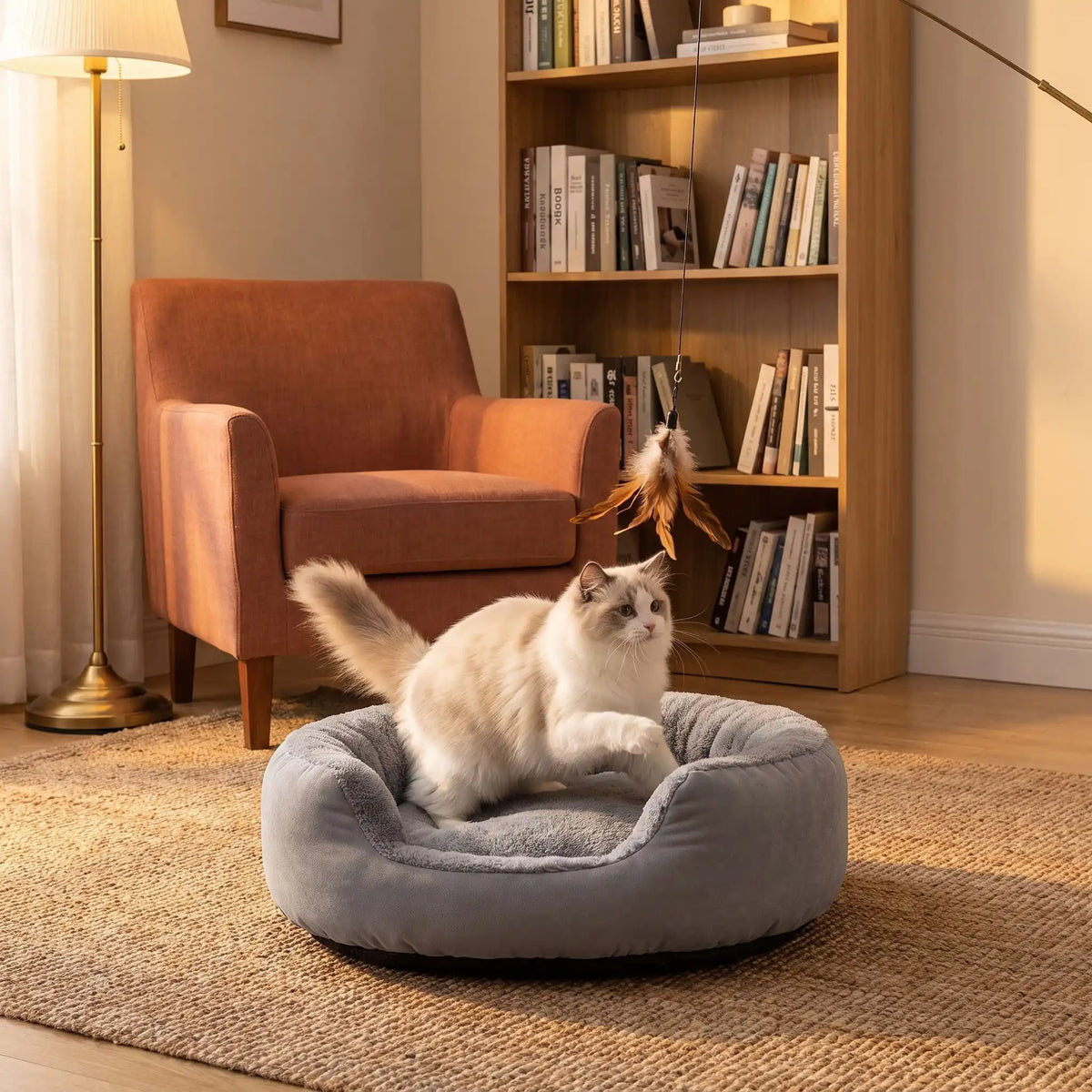 Panier pour chat gris avec chat crème qui chasse