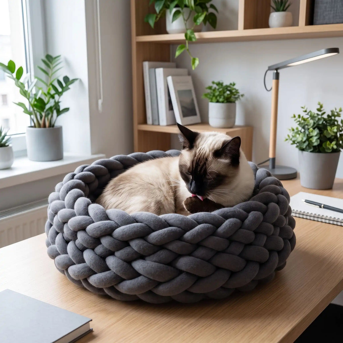 Panier chat gris avec chat crème qui se lèche
