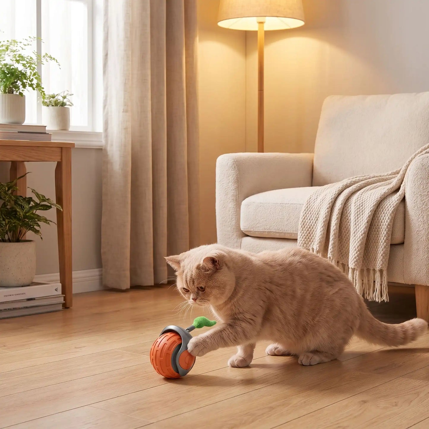 Chat crème trapu jouant avec son jouet interactif pour chat
