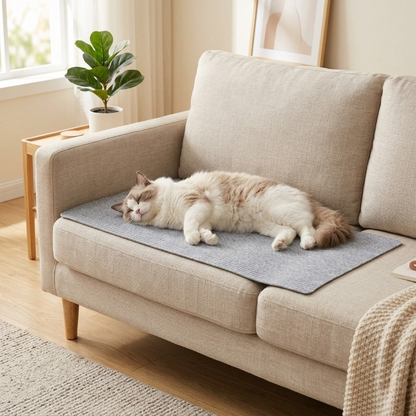 chat endormi sur tapis griffoir pour chat du canapé