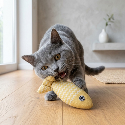 chat gris attaquant ses jouets pour chat