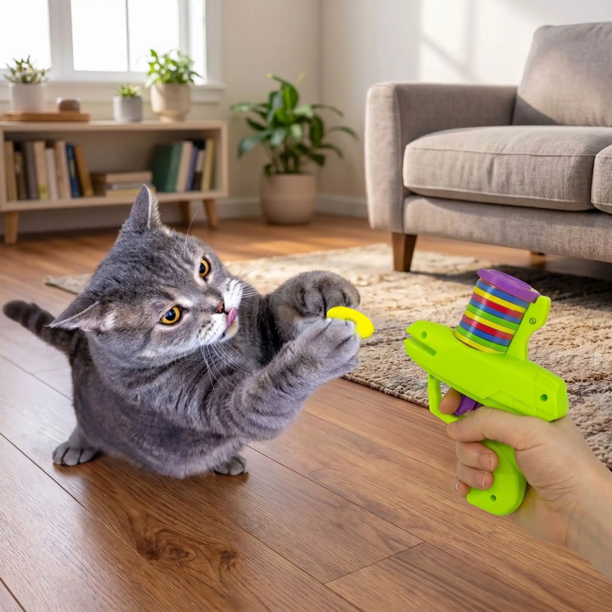 chat gris attrapant un disque jaune dans salon jouets pour les chats