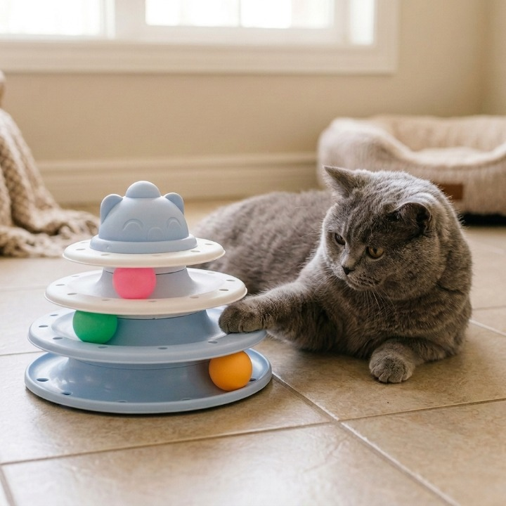 chat gris couché jouant avec la tour bleue jouets pour chats