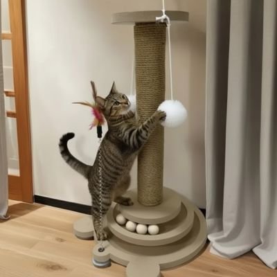 Chat jouant avec son griffoir pour chat        