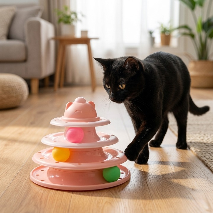 chat noir s'approchant de la tour rose jouets pour chats