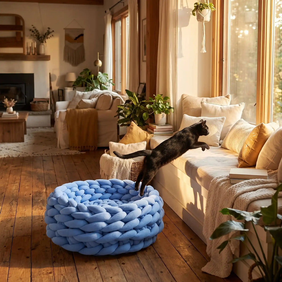 Panier chat bleu avec chat noir qui bondit