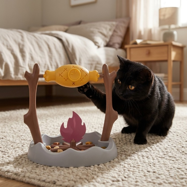 chat noir dans une chambre explorant son jouet interactif pour chat
