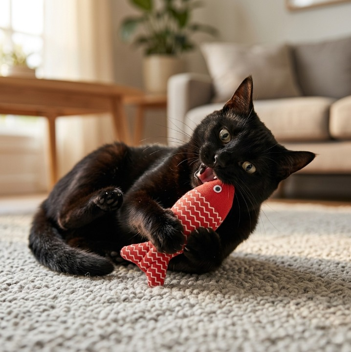 chat noir mordant ses jouets pour chat