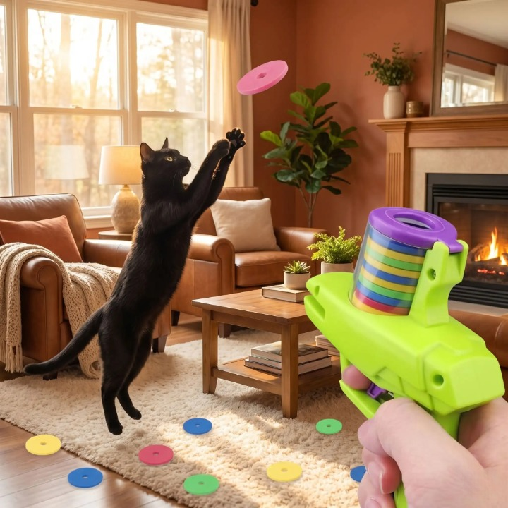 chat noir sautant pour attraper un disque rose jouets pour les chats