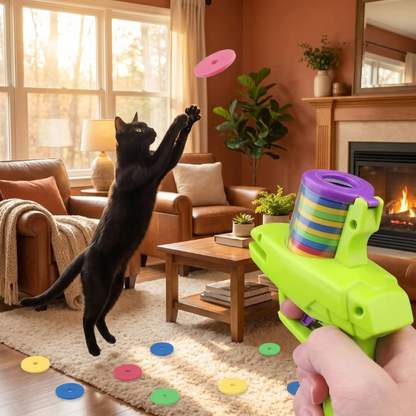 chat noir sautant pour attraper un disque rose jouets pour les chats