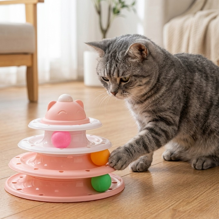 chat frappant les balles de la tour rose jouets pour chats