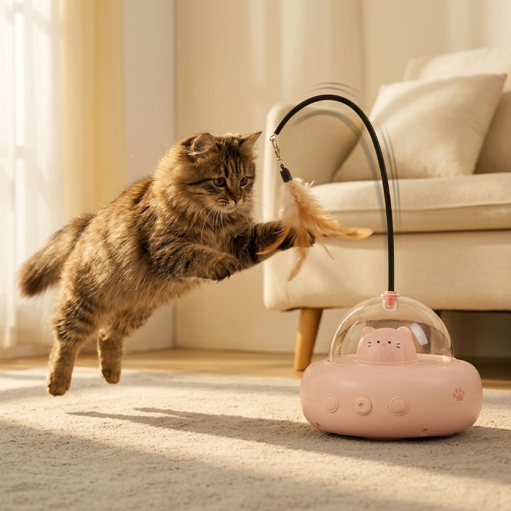 chat en plein saut attrapant la plume de son jouet pour chat