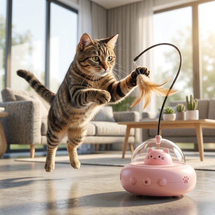chat en envol chassant la plume de son jouet pour chat