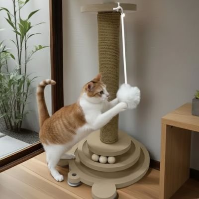 Chat qui joue avec son griffoir pour chat        
