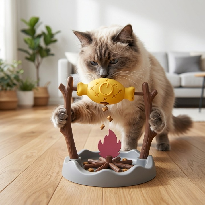 chat ragdoll concentré faisant tourner son jouet interactif pour chat