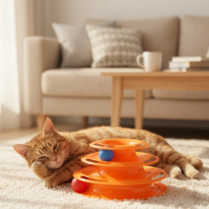 Chat roux allongé et apaisé près de son jouet pour chat orange
