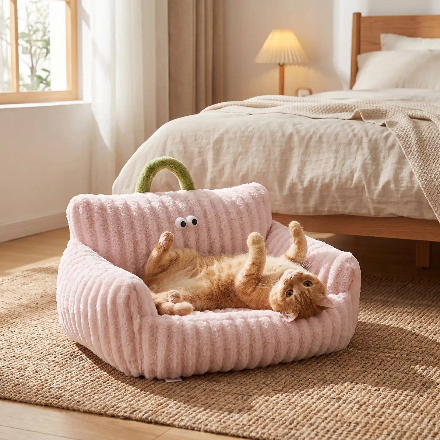 Panier pour chat avec chat roux joueur allongé