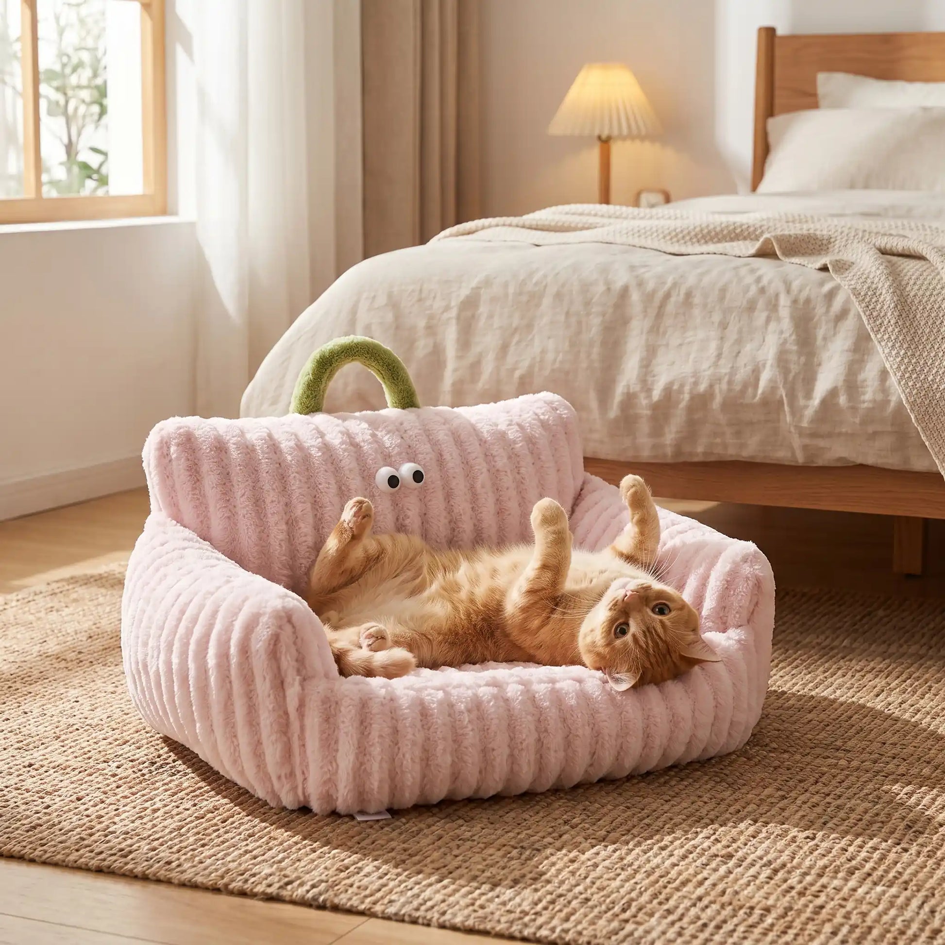 Panier pour chat avec chat roux joueur allongé