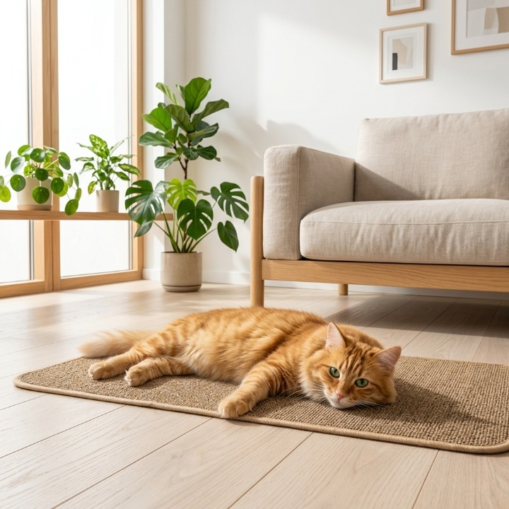 chat roux allongé tapis griffoir pour chat marron