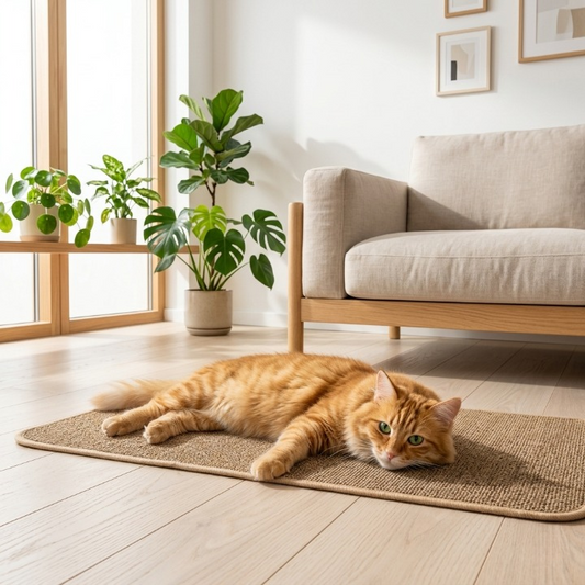chat roux allongé tapis griffoir pour chat marron