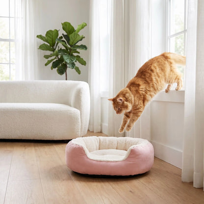 Panier pour chat rose avec chat roux qui bondit