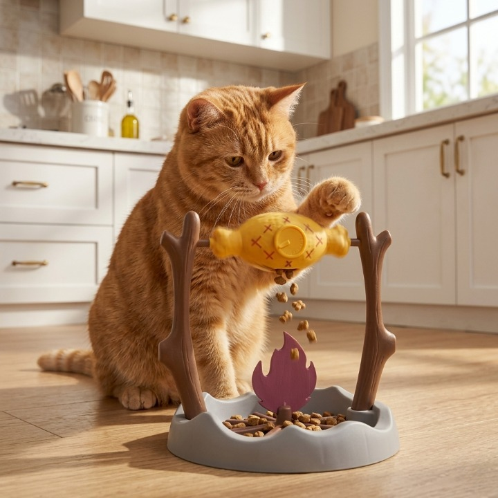 chat roux en cuisine faisant tomber des croquettes jouet interactif pour chat
