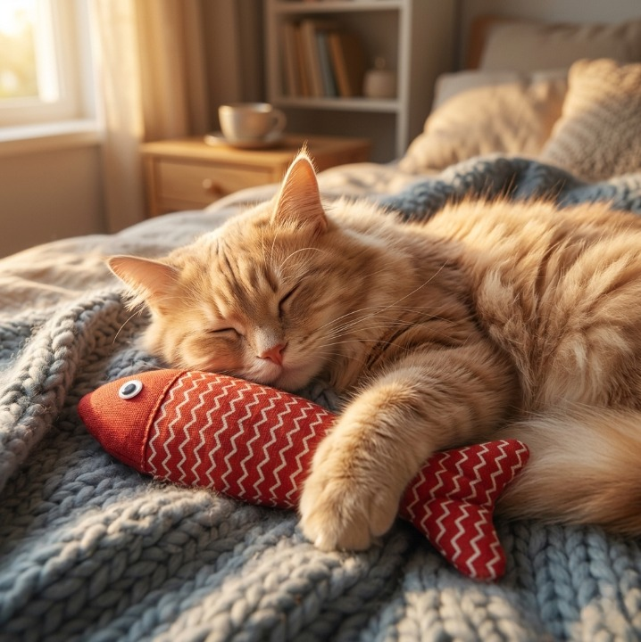chat roux dormant avec ses jouets pour chat