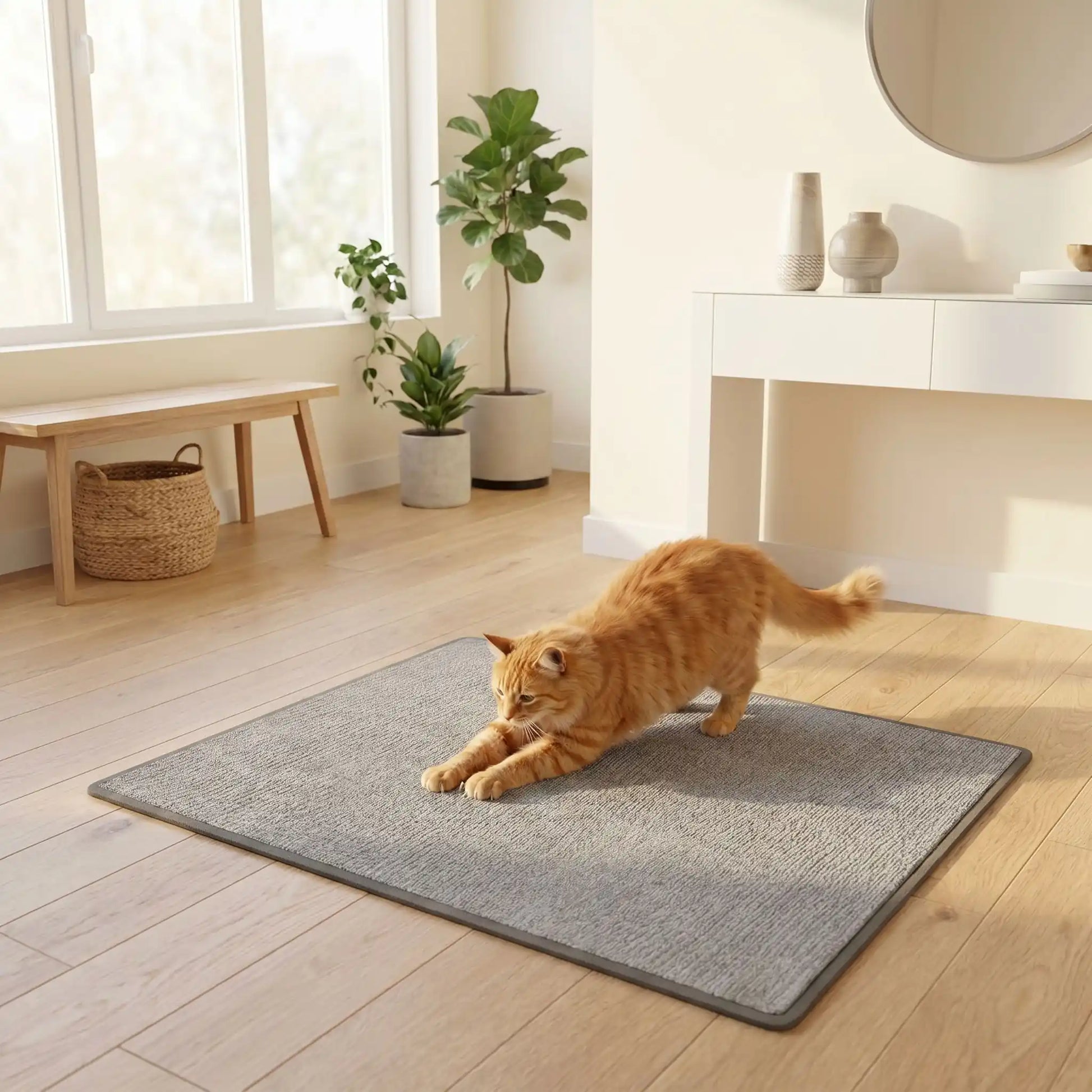 chat roux étiré tapis griffoir pour chat gris
