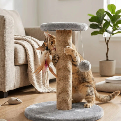 chat roux grattoir pour chat plumes avec pompon dans salon