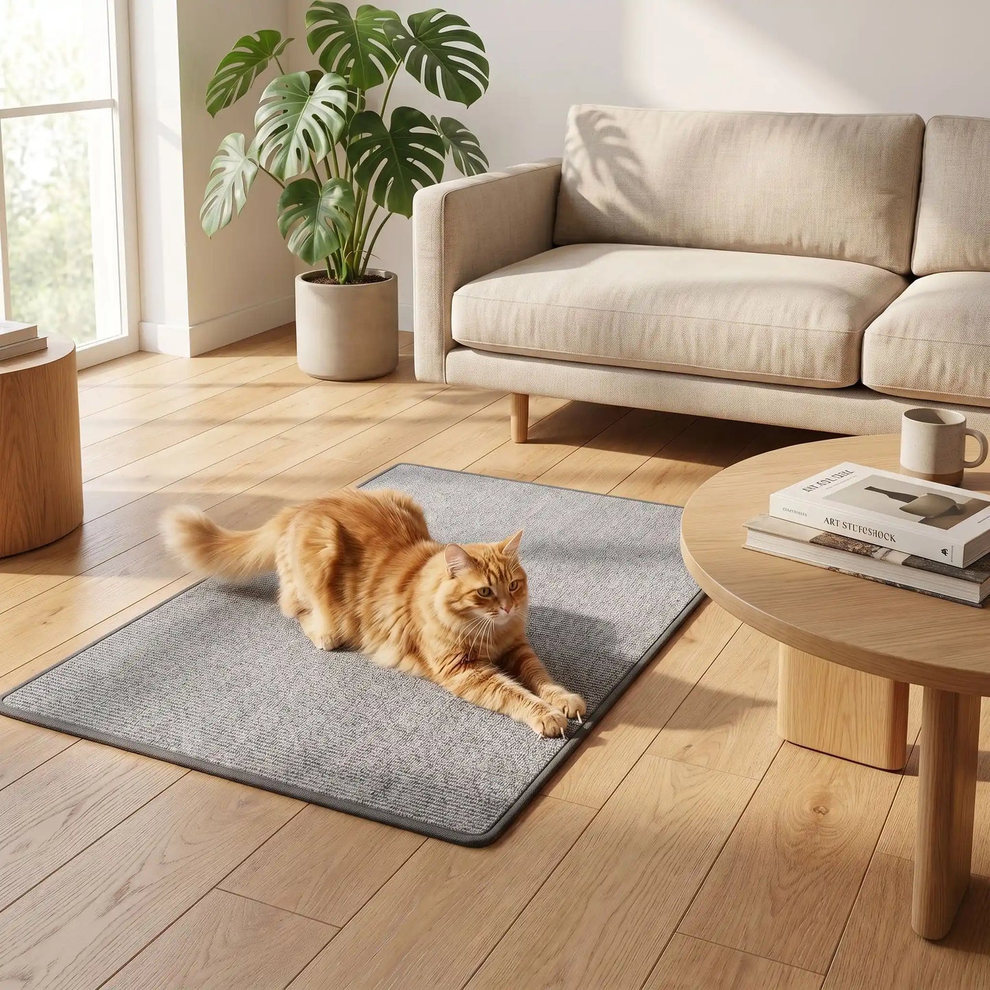 chat roux griffant tapis griffoir pour chat salon