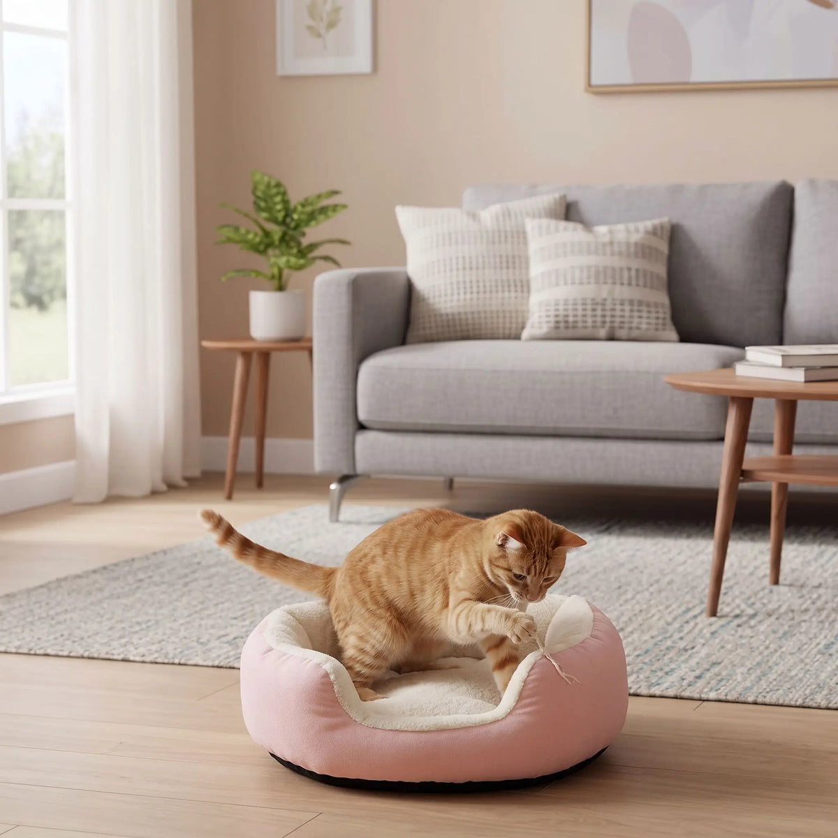 Panier pour chat rose avec chat roux qui joue
