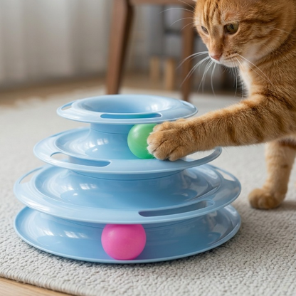 Chat roux approchant sa patte de son jouet pour chat bleu