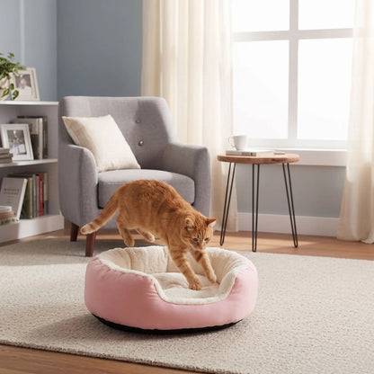 Panier pour chat rose avec chat roux qui saute