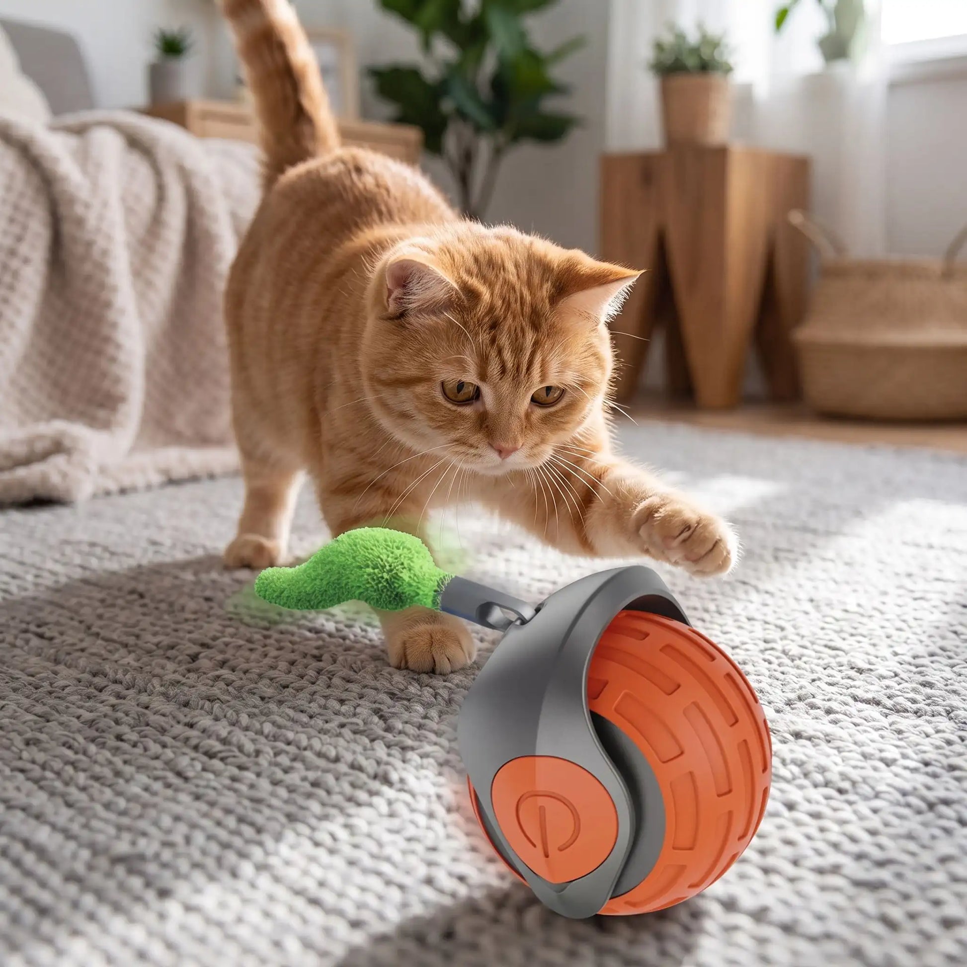 Chat roux tigré poursuivant activement son jouet interactif pour chat