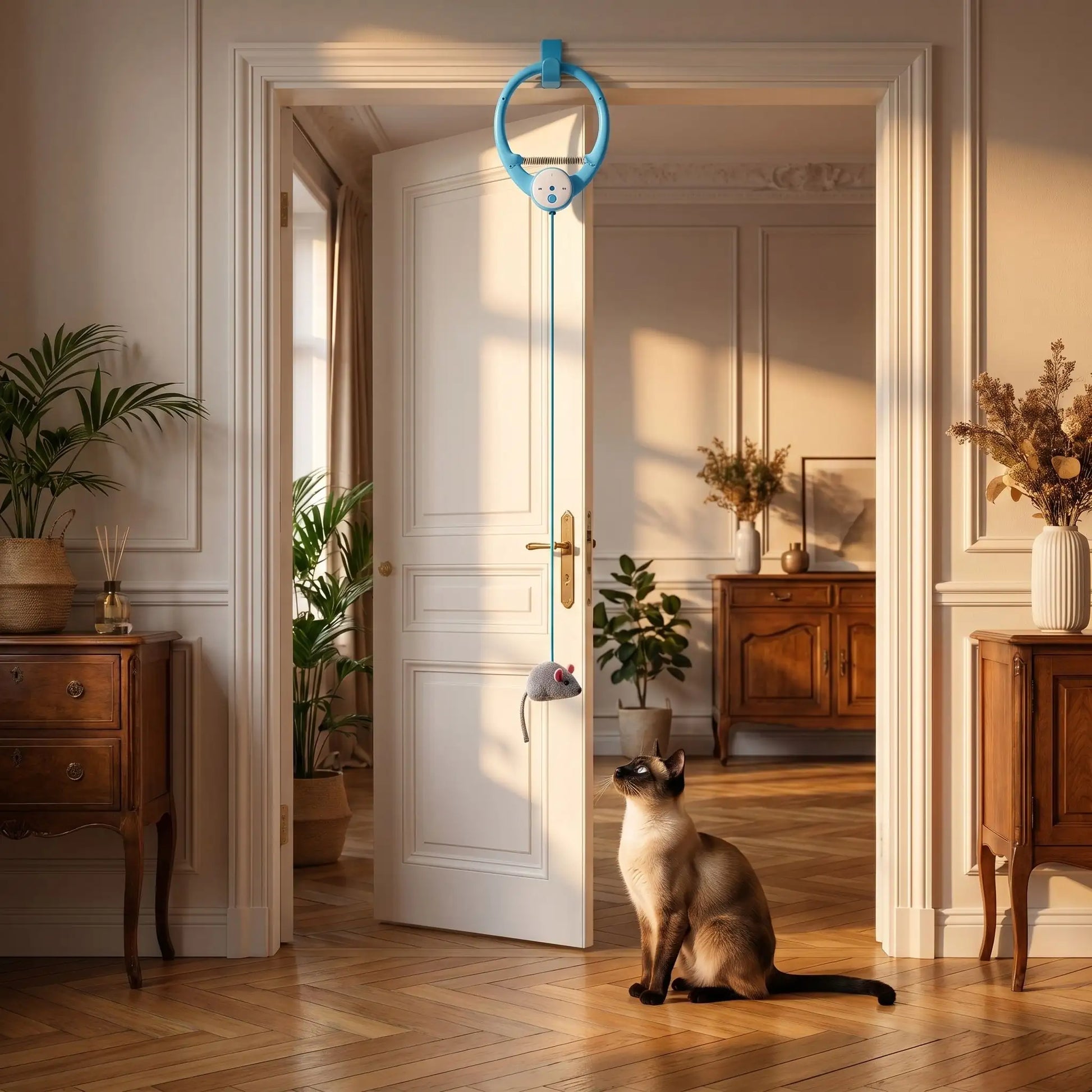 chat siamois élégant dans un appartement regardant son jouet interactif pour chat
