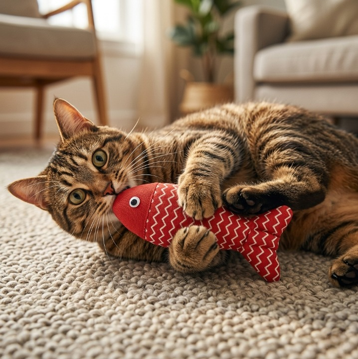 chat tabby jouant avec ses jouets pour chat