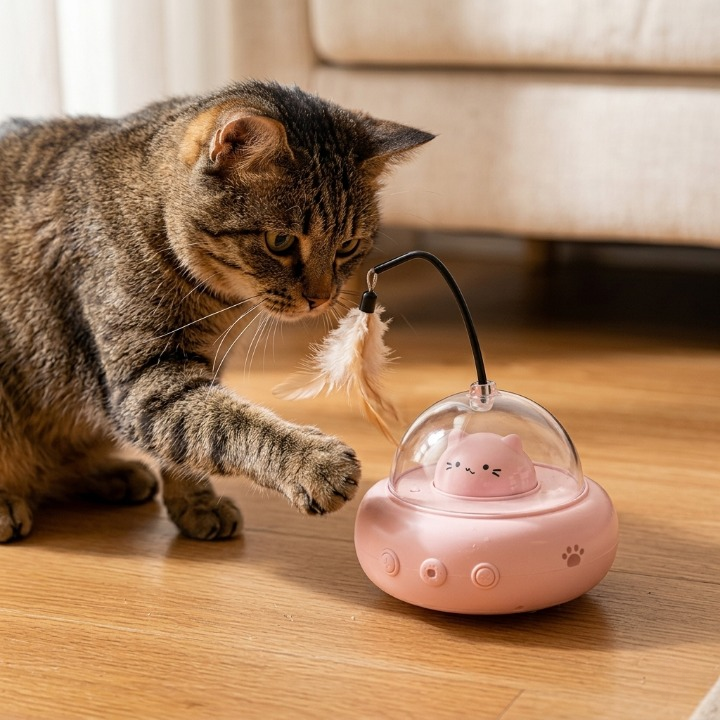 chat patte tendue vers la plume de son jouet pour chat