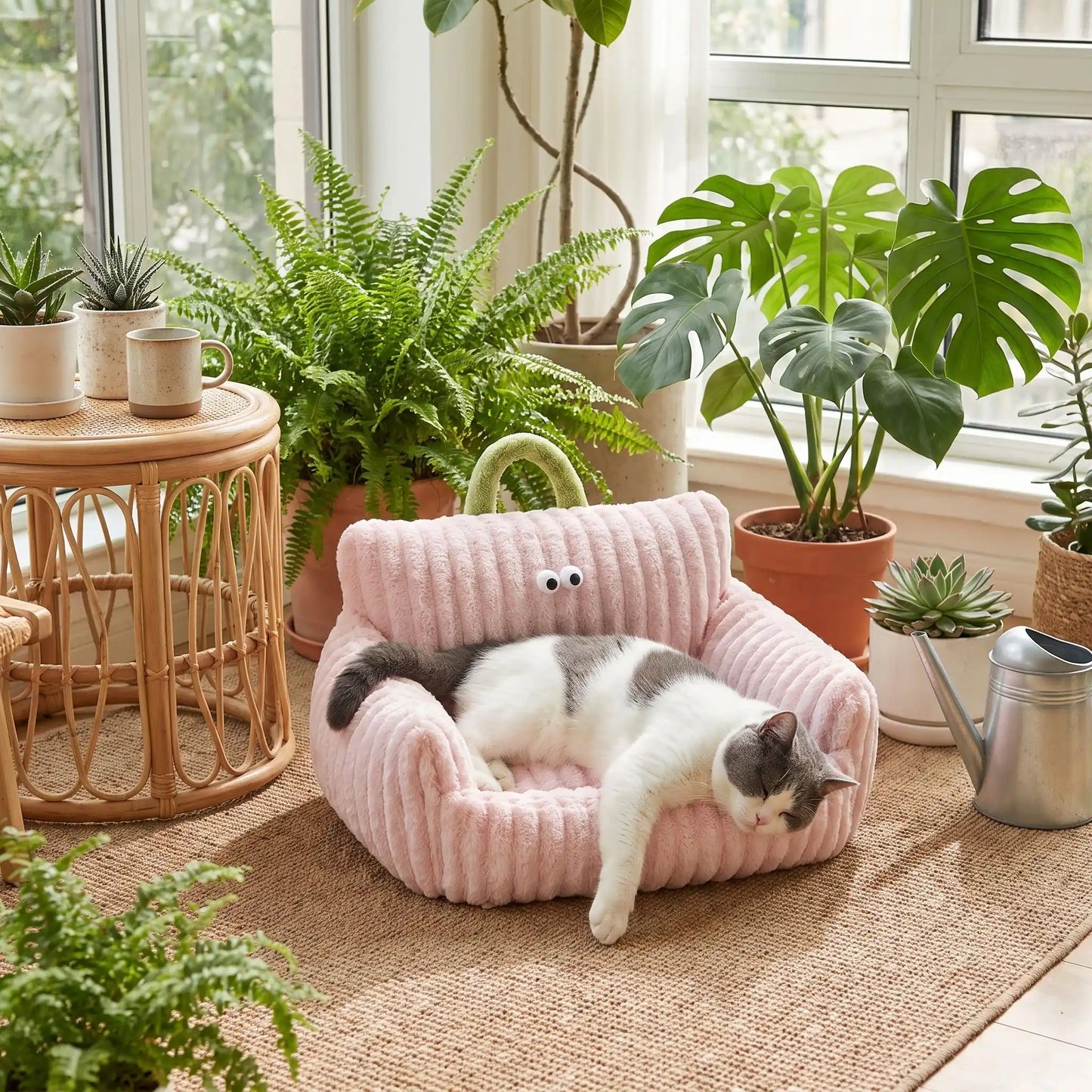 Panier pour chat avec chat tacheté endormi en véranda