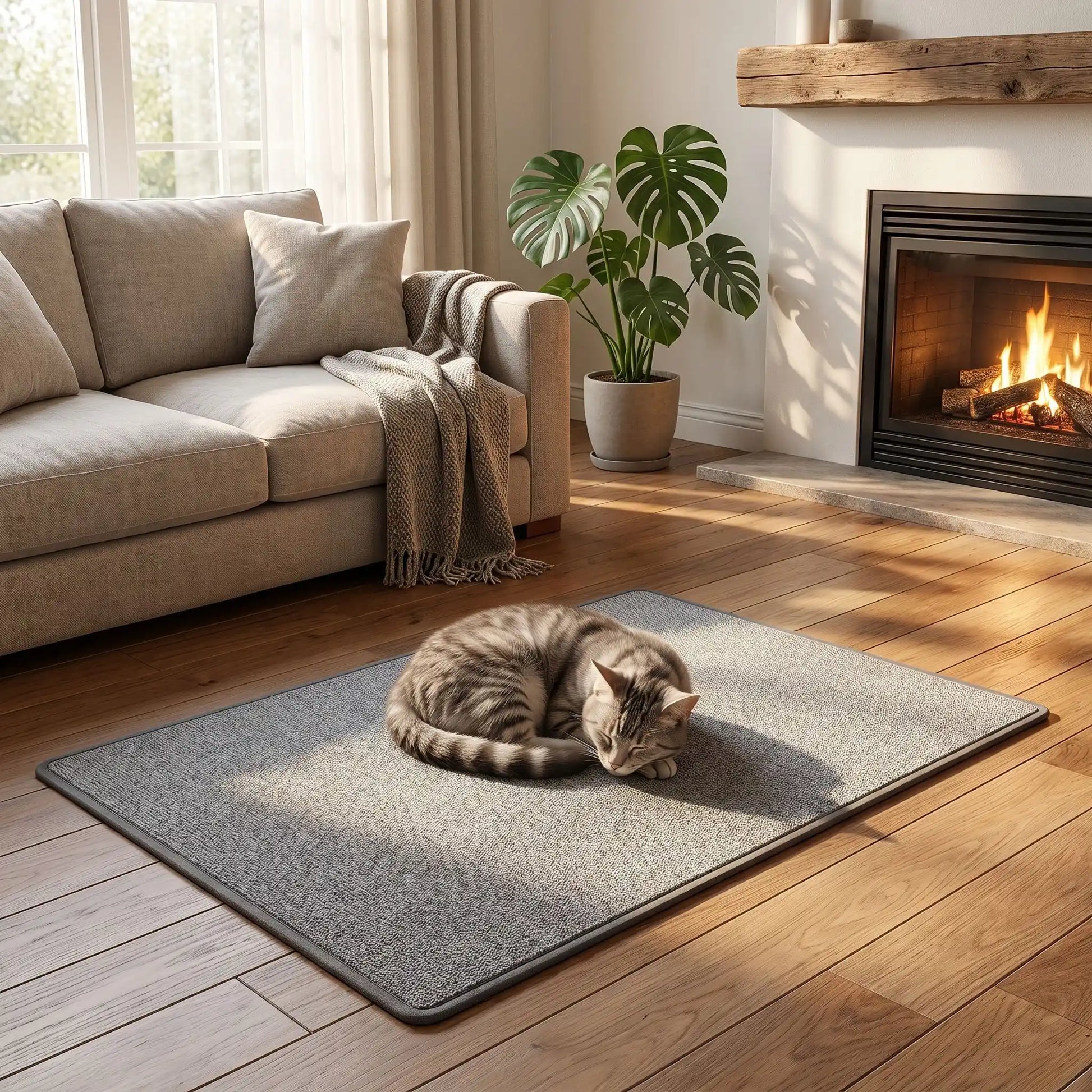 chat tigré endormi tapis griffoir pour chat cheminée