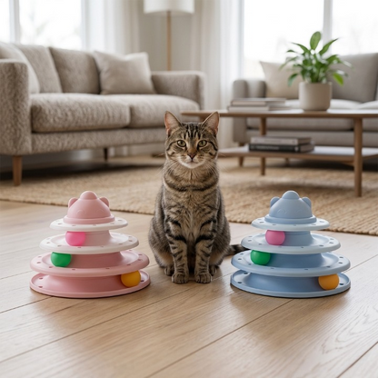 chat tigré entre les tours rose et bleue jouets pour chats