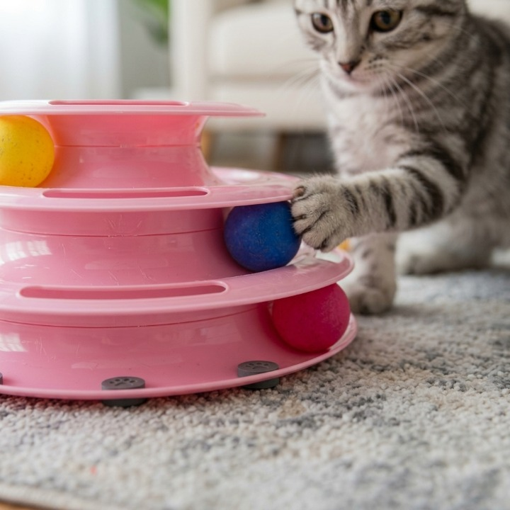 Chat tigré posant la patte sur son jouet pour chat rose